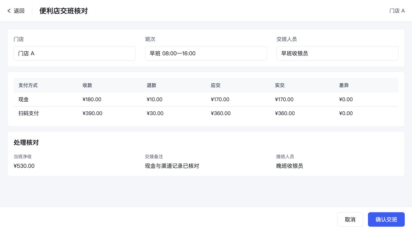 便利店交班核对
