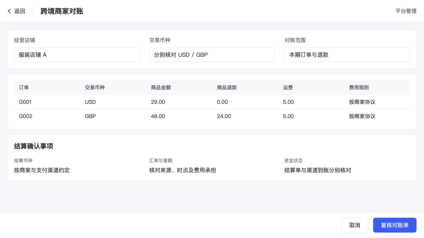 按商家与币种核对结算